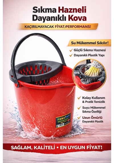 Yuvarlak Fanatik Mop Ve Su Kovası Sıkma Hazneli 12 Lt-kırmızı