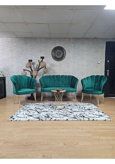 Zafir Gold Kaplama Tel Ayak Papatya Çay Seti Koltuk Takımı , Balkon, Salon, Ofis, Cafe Koltuk Takımı Yeşil