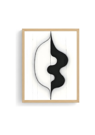 Doğal Ahşap Çerçeveli Soyut Siyah-beyaz Desenli Tablo - Minimal Huhu1193