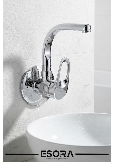 Balık Sırtı Borulu Duvardan Tek Su Girişli Lavabo Bataryası Musluğu Krom