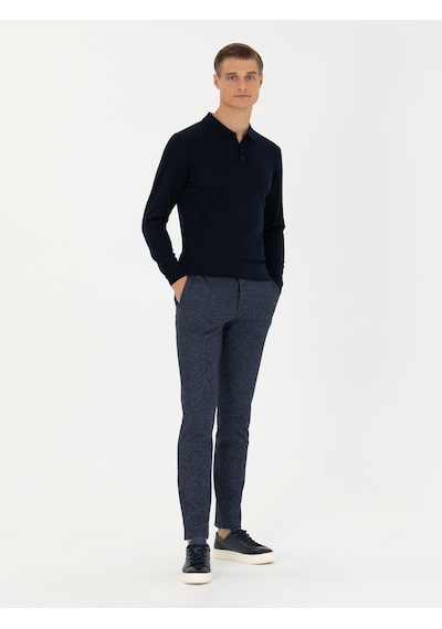 Cacharel Lacivert Ex. Slim Fit Yün Kaşmir Karışımlı Beli Bağcıklı Çizgili Kumaş Pantolon