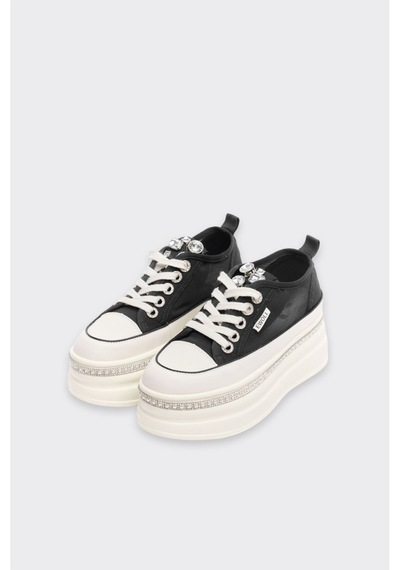 Derinet Yüksek Taban Bağcıklı Fileli Günlük Kadın Sneaker Siyah Siyah