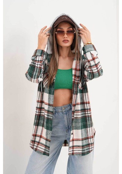 Polologin Butik Kadın Yeşil Beyaz Kapşonlu Araboy Tunik Yeşil