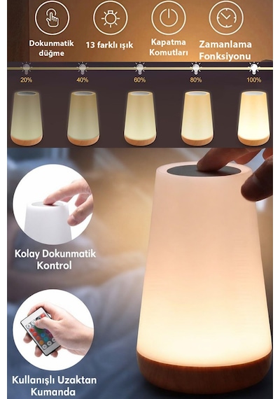Rgb Dokunmatik Led Masa Lambası Kumandalı, Usb Şarjlı, 1500 Mah, Renk Değiştiren Gece Lambası Çok Renkli