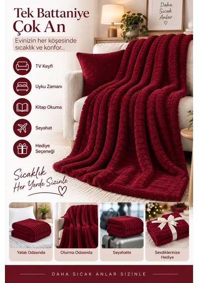 Tek Kişilik Peluş Tv Diz Battaniyesi 100x175 Cm Bordo