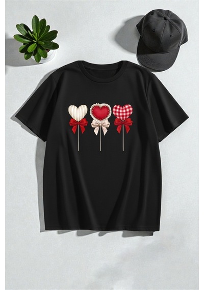 Uyguntarz Şekerleme Lolilop Kalp Baskılı Tasarım Tshirt Siyah