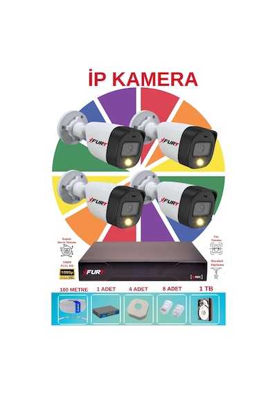 Fury 4 Lü Ip Güvenlik Kamera Seti Sesli 4mp Gece Renkli Su Geçirmez 5515s 1tb
