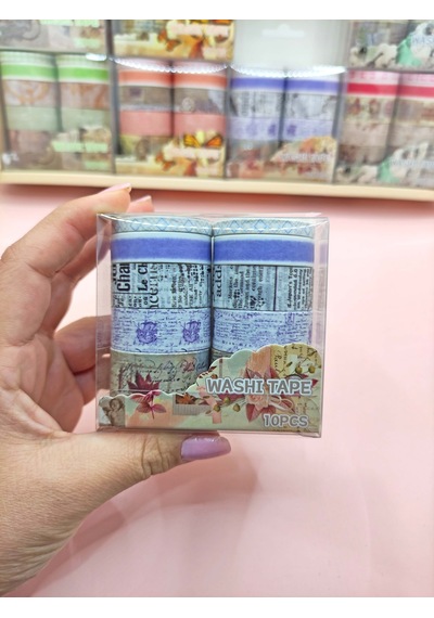 Vintage Washi Tape Bant Baskılı Yapışkanlı Maskeleme Kağıdı 45f Desenli Bant 10'lu - Mor El Yazılı 1