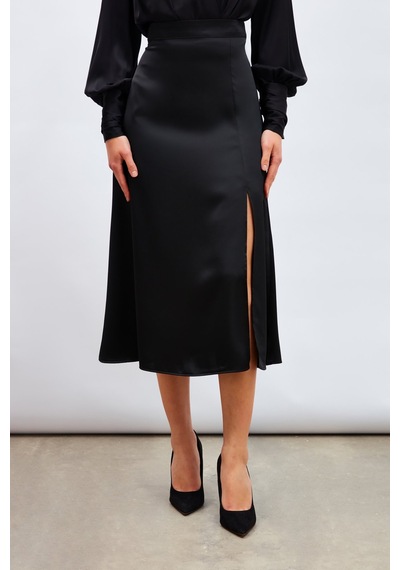 Sateen Yırtmaçlı Saten Etek - Siyah-133207 Siyah