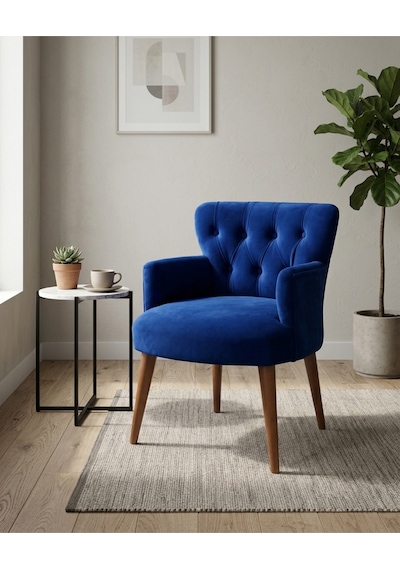 Roma Saks Mavi Babyface Kumaş Berjer Ceviz Ahşap Ayaklı Modern Tekli Koltuk