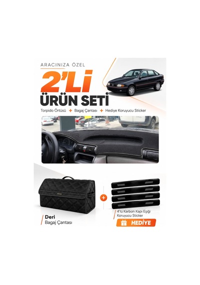 Opel Astra F Aırbagsız 1991-1997 Uyumlu Torpido Örtüsü + Deri Bagaj Çantası + Sticker Seti - Siyah