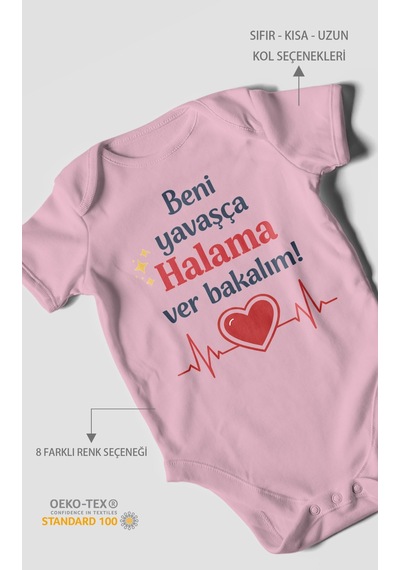 Morivokids Beni Yavaşça Halama Ver Bakalım Kısa Kollu Bebek Body %100 Pamuk Koyu Pembe