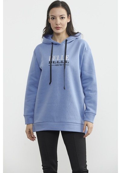 Kapüşonlu İçi Pamuklu Kalın Sweatshirt - Mavi Ekru