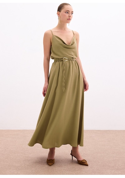 Sateen Kemerli Uzun Etek - Haki-136081 Haki