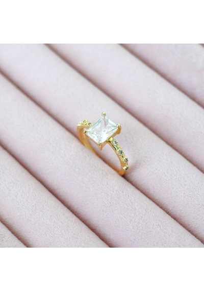 Dörtgen Baget Taş Yüzük Ayarlanabilir Zirkon Gold Renkli