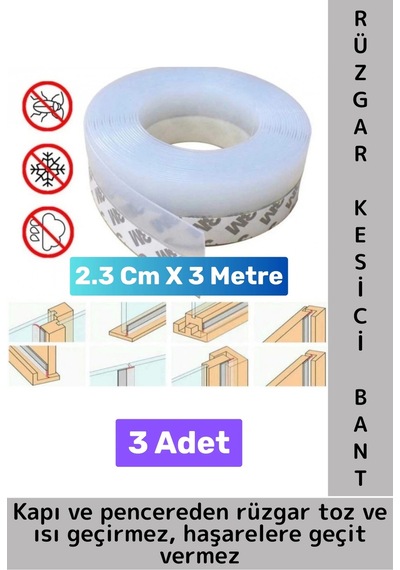 Premium Kapı Altı Pencere Rüzgar Toz Isı Böcek Haşere Önleyen Rüzgar Kesici Bant 3 Metre 3 Adet