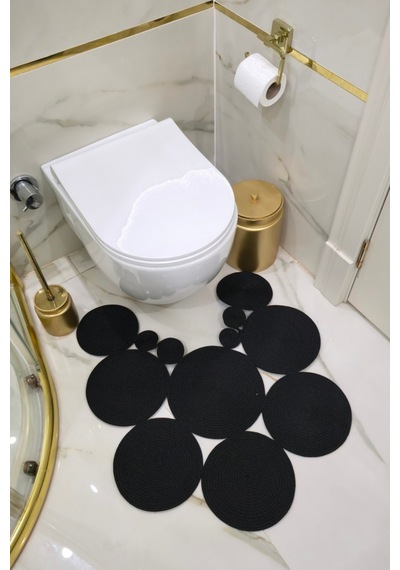 El Yapımı Bohem Jüt, Hasır, Paspas, Banyo Paspası, Klozet Önü Paspası, Klozet Paspas, Çift Taraflı Siyah