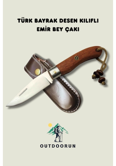 Türk Bayrak Desen Kılıflı Emir Bey Kamp Çakı - 20,5 Cm Kahverengi