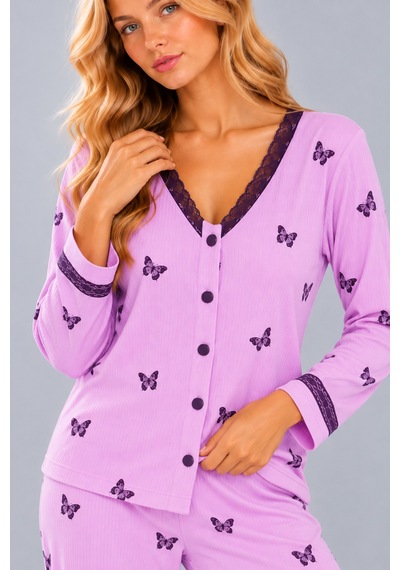 Pijamask Kadın Çiçek Ve Kelebek Desenli V Yaka Düğmeli Uzun Kollu Kaşkorse Pijama Takımı Lila-17 Pijamask Kadın Çiçek Ve Kelebek Desenli V Yaka Düğmeli Uzun Kollu Kaşkorse Pijama Takımı Lila-17