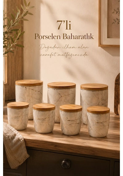 Porsima Pxm2673-7/s Marble 7 Parça Bambu Vakum Kapaklı Porselen Baharat Takımı Baharatlık Seti Diğer