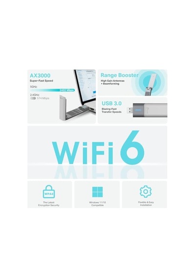 Tr Archer Tx50uh, Ax3000mbps Usb Adaptörü, Wi-fi 6, Usb 3.0, Çift Bantlı, Wpa3, Beamforming, Mu-mımo