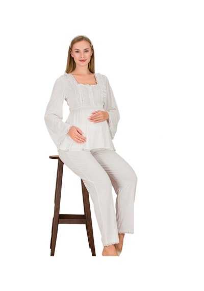Lady  Dantel Detaylı 33205 Uzun Kol 2 Parça Lohusa Hamile Pijama Takımı Ekru Renkli