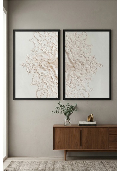 Siyah Ahşap Çerçeveli Klasik Kabartma Desenli Bej Modern Duvar Tablosu 2 Li Set Siyah