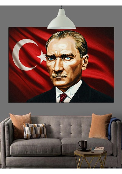 Bayrak Önünde Atatürk Portresi Dekoratif Kanvas - Mdf Ahşap Tablo