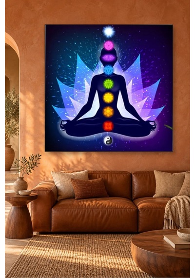 Fida Mavi Işıklı Lotus Ve Yin Yang Çakra Canvas Tablo