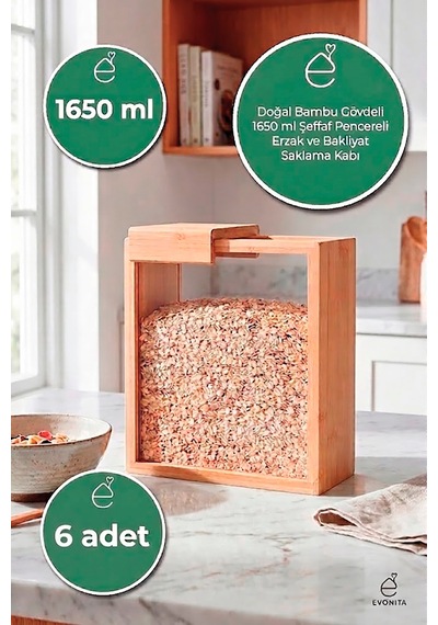 1650 Ml Bambu Kapaklı Erzak Kabı Bakliyat Saklama Kabı Mutfak Organizer Tekli Saklama Kutusu 6 Adet Kahverengi