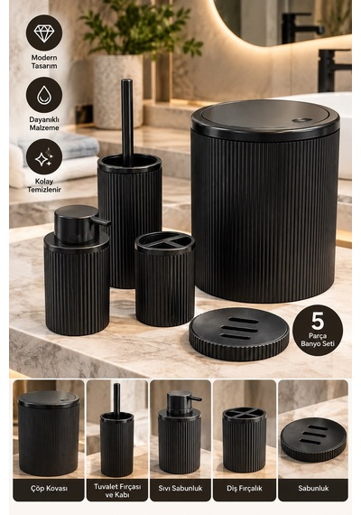 Siyah 5 Parça Banyo Seti Modern Çizgili Tasarım Çöp Kovası Sıvı Sabunluk Diş Fırçalık