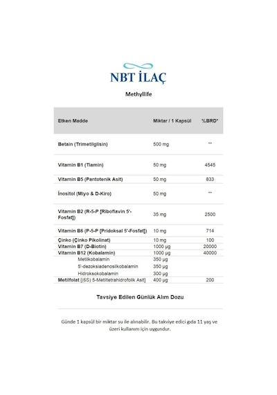 Nbtlife Methyllife Takviye Edici Gıda 30 Kapsül
