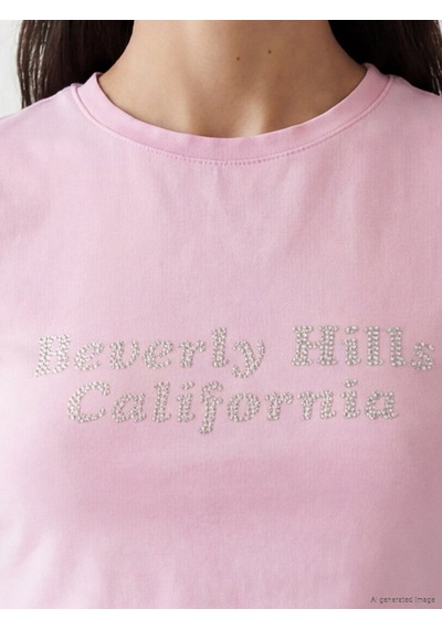 Lcw Vision Pembe Beverly Hills Taş Baskılı Kadın Tişört