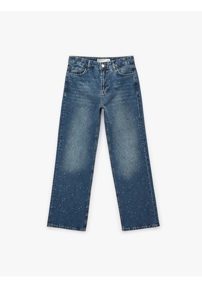 Koton Taş Detaylı Yüksek Bel Düz Paça Denim Pantolon- Straight Jeans Orta İndigo 7wal40097md Koton Taş Detaylı Yüksek Bel Düz Paça Denim Pantolon- Straight Jeans Orta İndigo 7wal40097md