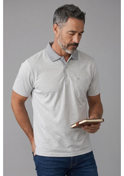 Erkek Simenti Fitilli Yakalı Penye Baba Gri Tshirt