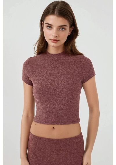Hiccup Slim Fit Triko Crop Bluz Bordo Kırmızı