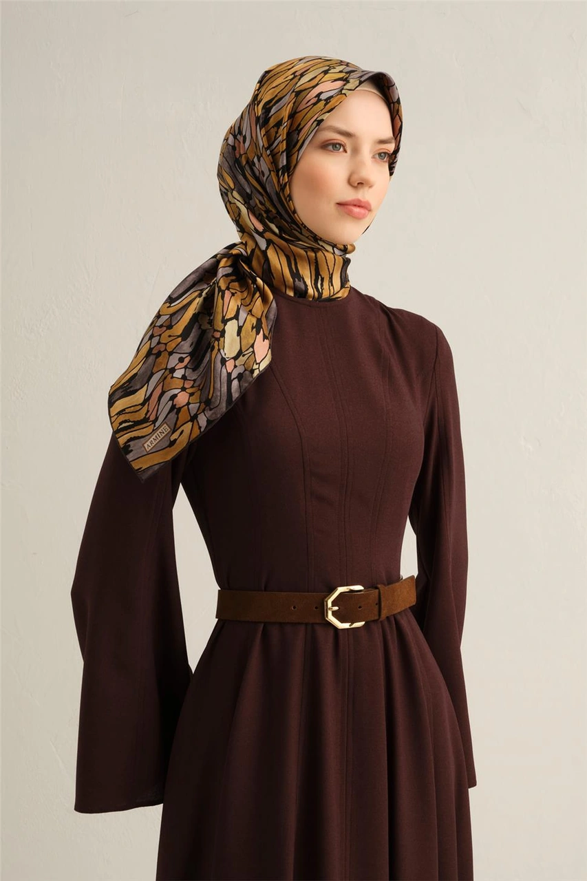 Armine Soyut Desenli Saf İpek Twill Eşarp 9335d 50 KAhverengi