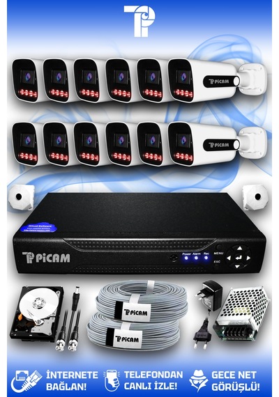 Picam 12 Kameralı Zebra 12 Dış Kamera Set 100 Gb 5 Mp 2k Net Gece Görüşlü Güvenlik Kamerası Sistemi