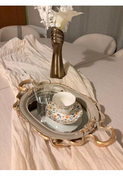 Küçük Oval Aynalı Kulplu Dekoratif Tepsi Vizon & Altın Varaklı 37x21 Cm