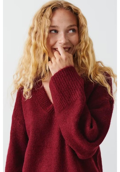 Madmext Koyu Bordo V Yaka Oversize Kadın Triko Kazak Mg2149 Koyu Bordo