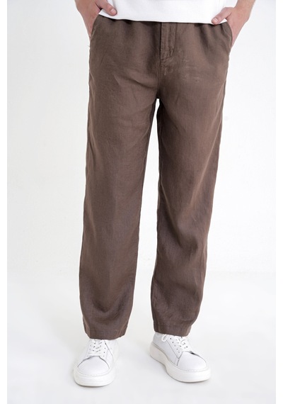 Oversize Kalıp Yan Cep Beli Lastikli Vizon Keten Pantolon P 1216