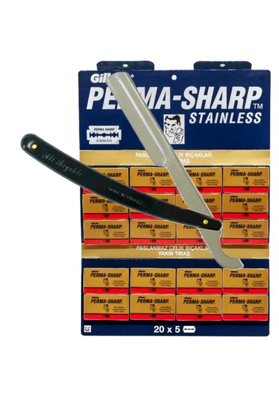 Permasharp Yaprak Jilet 100'lü Paket Ali Bıyıklı Ustura Siyah Tıraş Seti