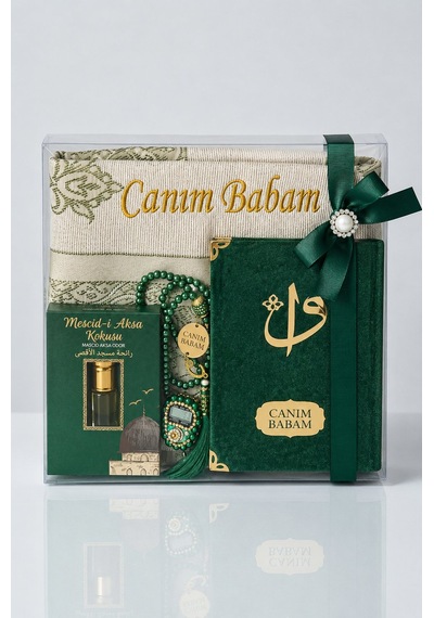 Canım Babam - Babalar Günü Hediyesi - Hediyelik Kişiye Özel İsimli Seccade Seti - Yasin Kitabı, Tesbih, Zikirmatik, Esans - Yeşil