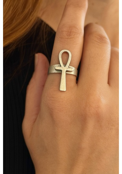 Ankh Sembollü Metal Yüzük Unisex Ayarlanabilir Gümüş - Gri