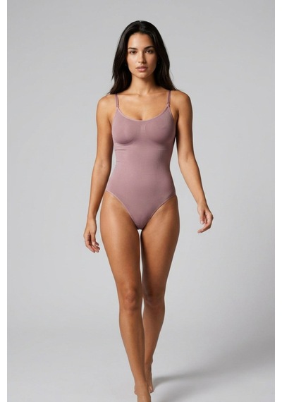 Kadın Kapsız Cırt Cırtlı Düz Desen Gül Kurusu Body