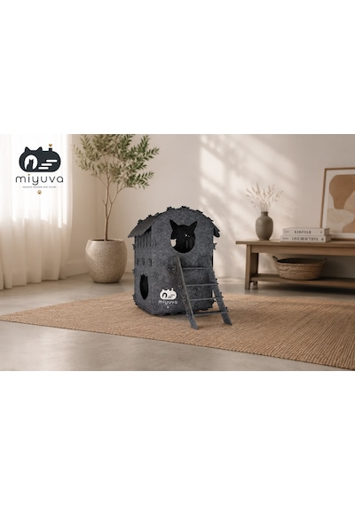 Keçe Kedi Evi Demonte, Yıkanabilir, Taşınabilir Kedi Kulübesi Dubleks Gri