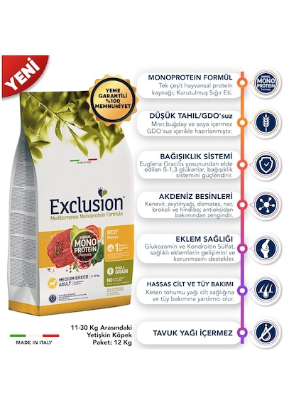 Exclusion Monoprotein Düşük Tahıllı Sığır Etli ve Narlı Orta Irk Yetişkin Köpek Maması 12 KG