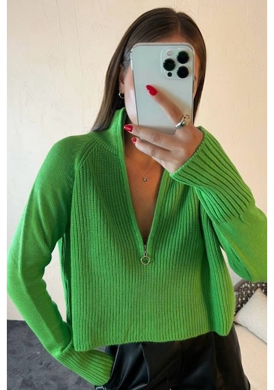 Balenbi Kadın Fermuarlı Balıkçı Yaka Crop Oversize Triko Kazak 1029 Yeşil
