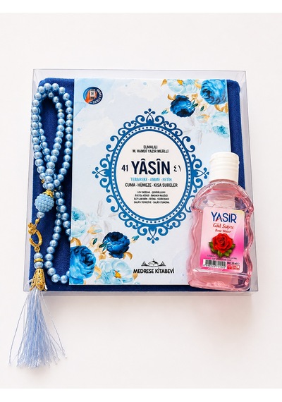 Bilenler Mevlit Hediye Seti İsim Baskılı- Eşarp İnci Tesbih Gül Suyu Özel Kutulu Set Mavi