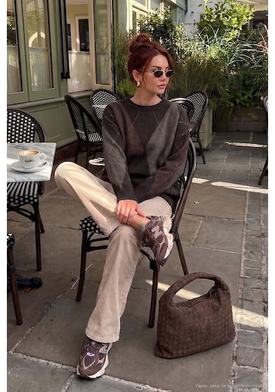 Lela Oversize Fit Bisiklet Yaka Baklava Desenli Kazak Kadın Kazak 4615578 Kahve